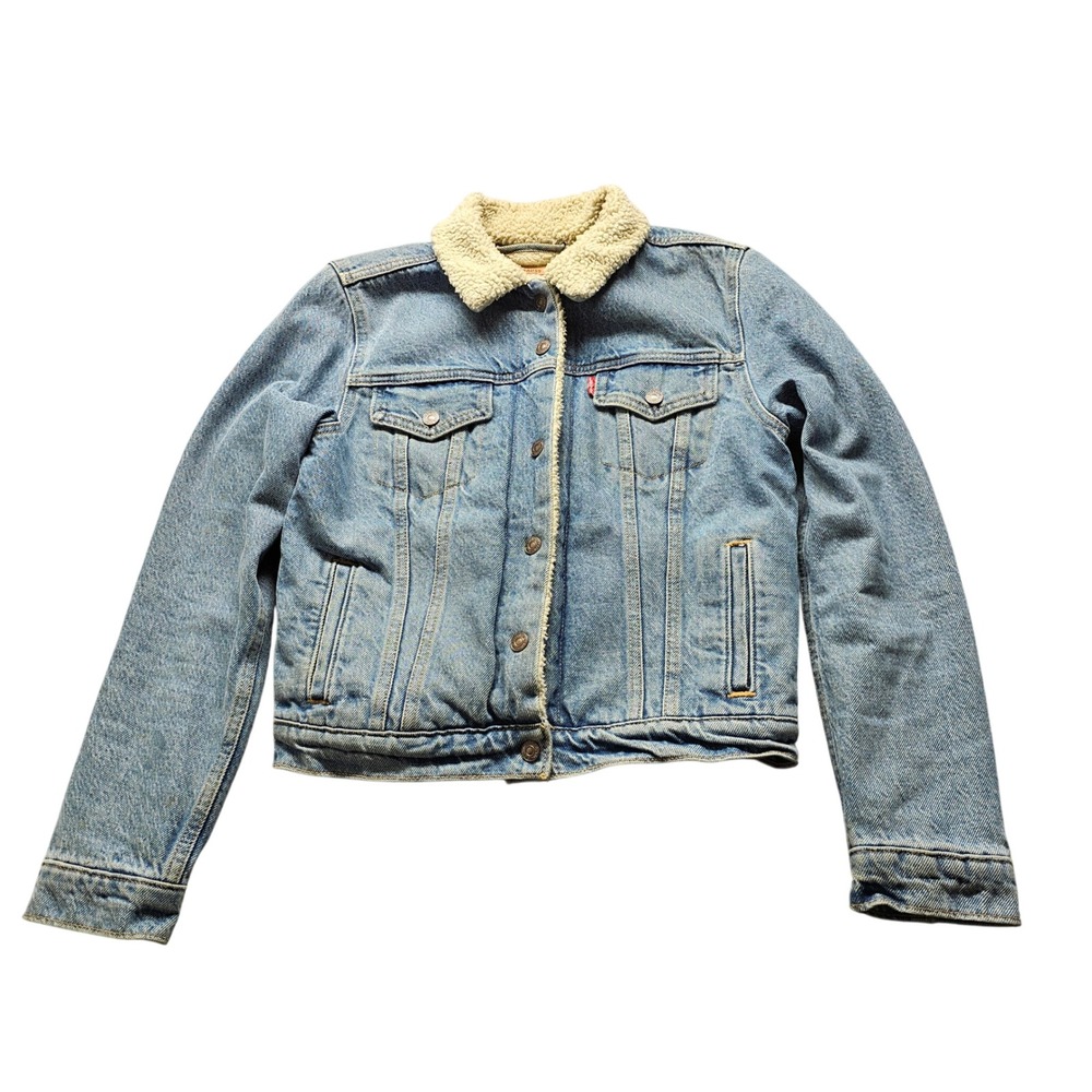Levis Sherpa Lined Denim Trucker Jacket Small Blue Faux Fur Trucker 36136-0000